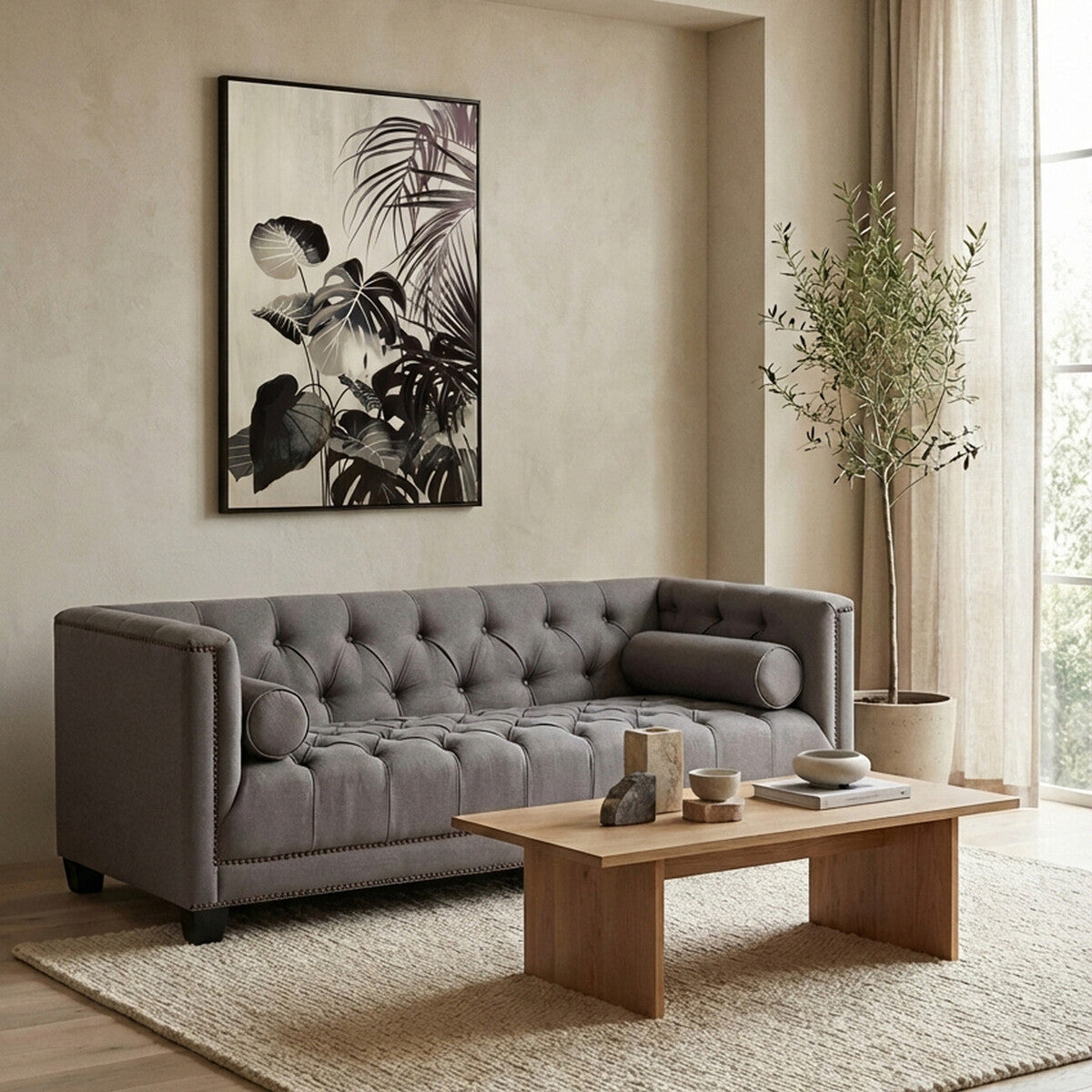 Orsina Surina 2 Seater Grey Fabric Sofa – Tufted Compact Couch