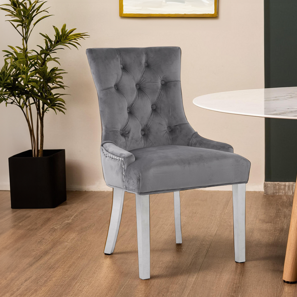 Orsina Richmond Grey Velvet Dining Chair – Tufted Button Back Seat