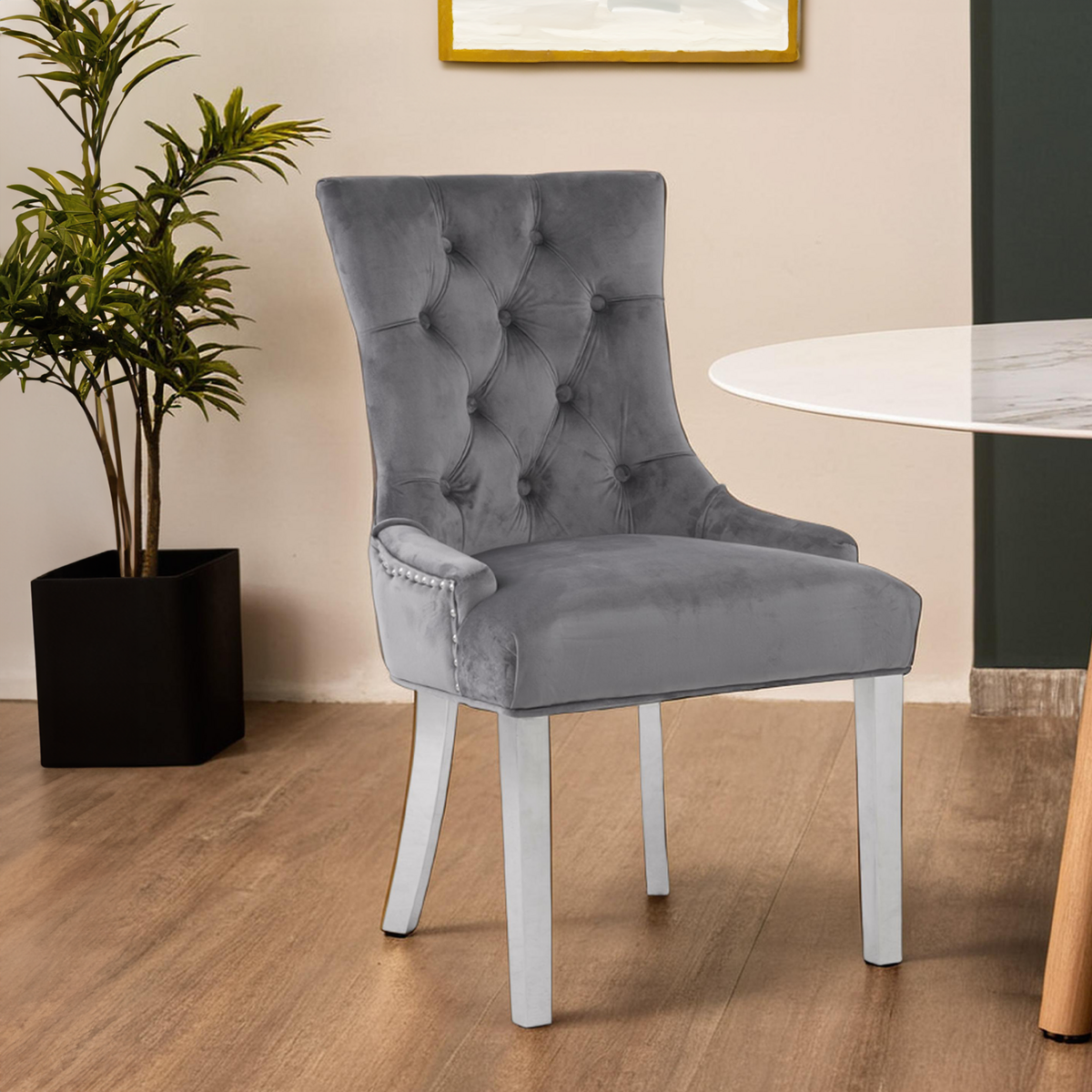 Orsina Richmond Grey Velvet Dining Chair – Tufted Button Back Seat