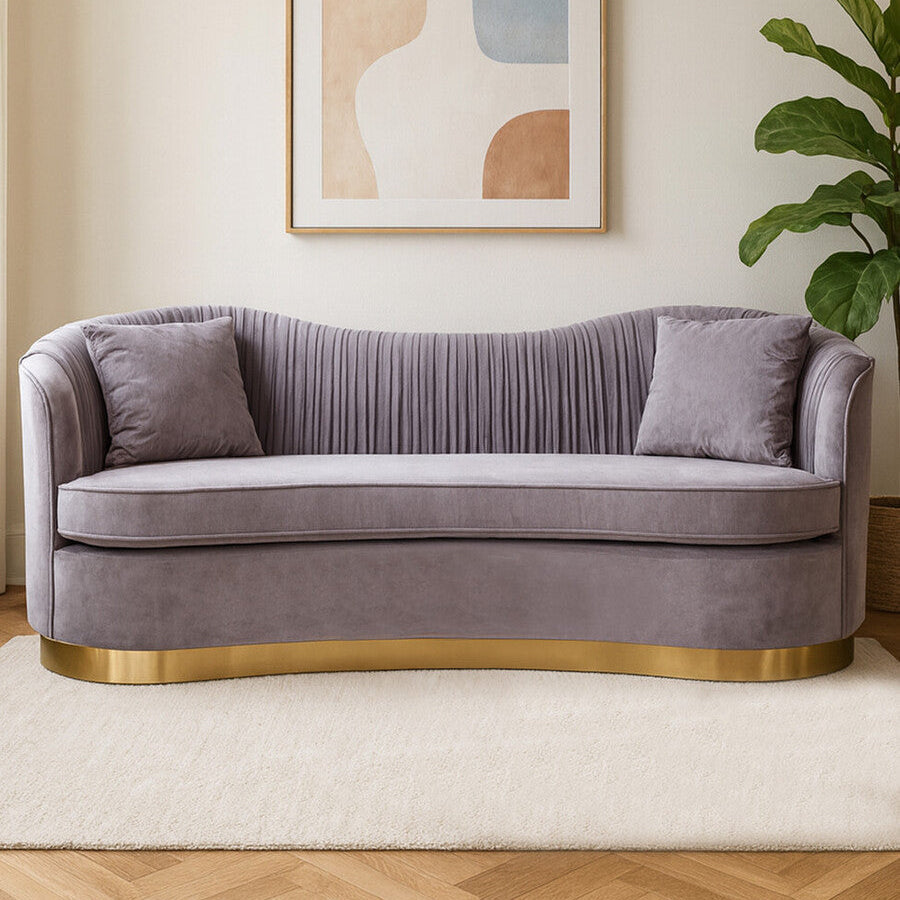 Orsina Franza 3 Seater Grey Velvet Sofa – Pleated Modern Glam Couch