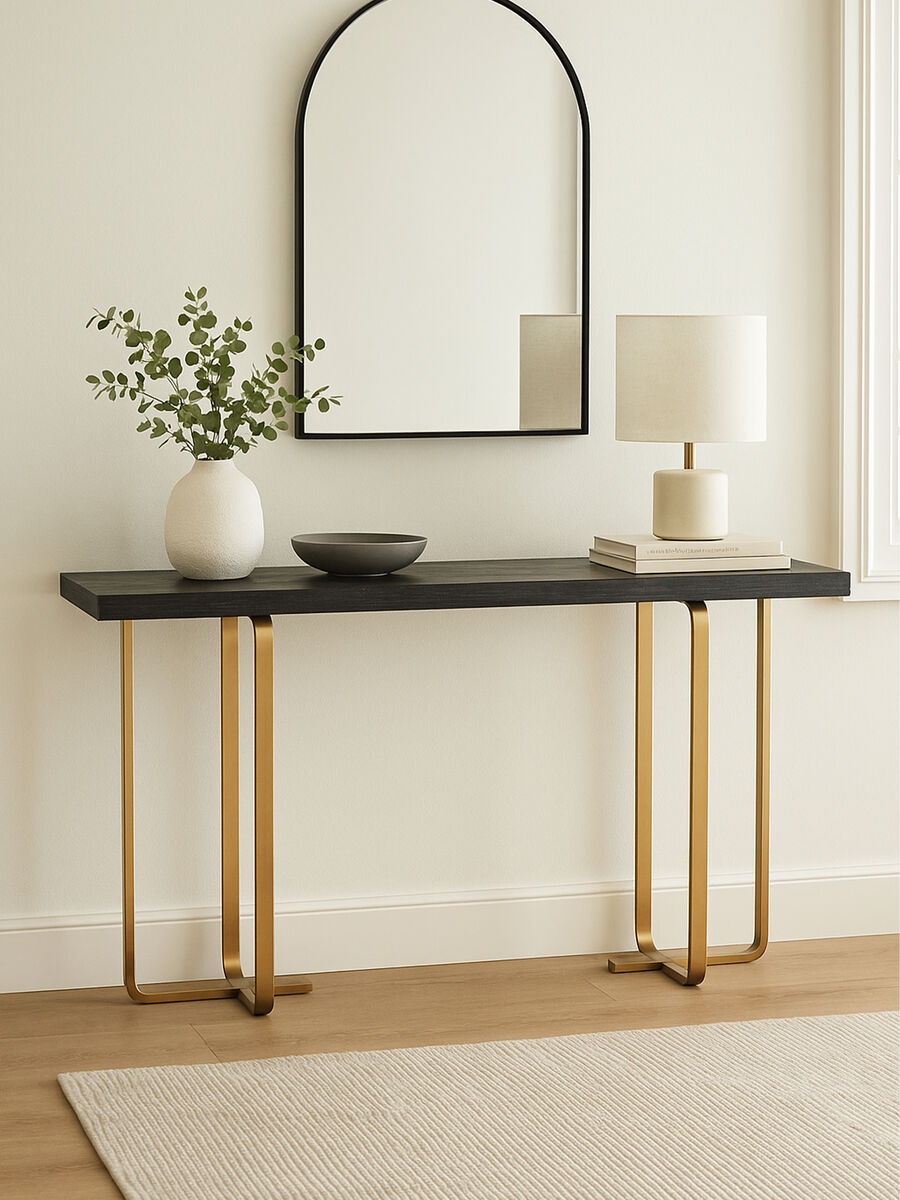 Orsina Lena Console Table – Black Oak Veneer with Gold Metal Base