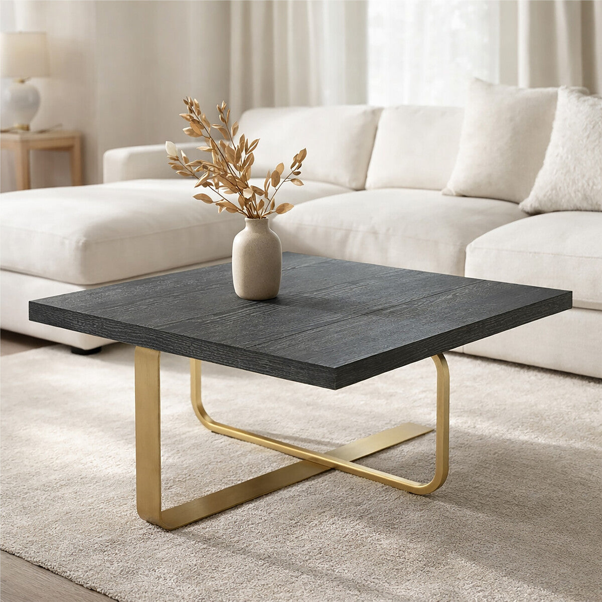 Orsina Lena Square Coffee Table – Black Oak Veneer and Gold Metal