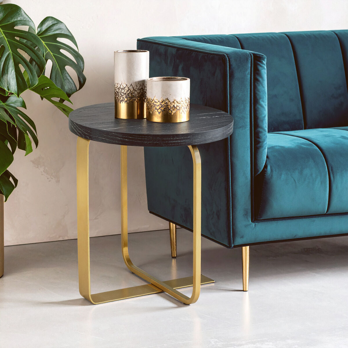 Orsina Lexa Round Side Table – Black Oak Veneer and Gold Steel Base