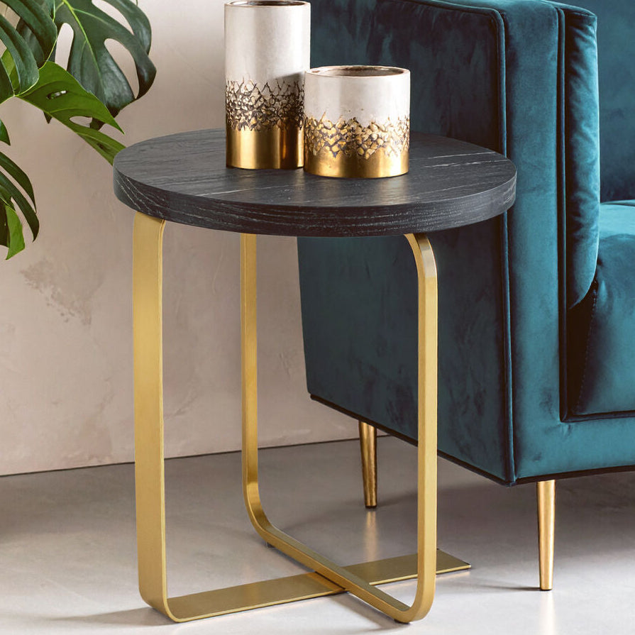 Orsina Lexa Round Side Table – Black Oak Veneer and Gold Steel Base