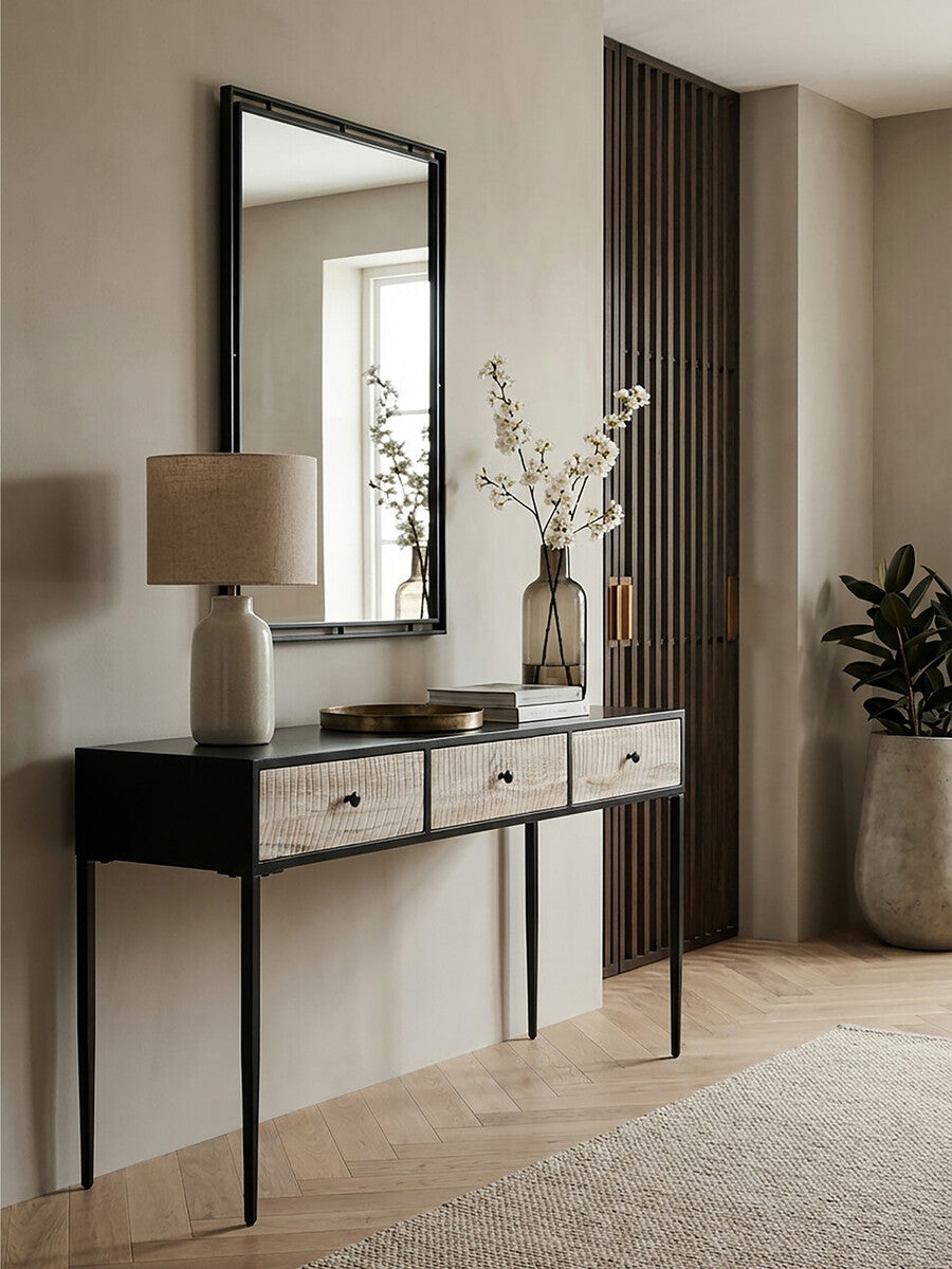 Orsina Luxor Pine Wood Console Table - 3 Drawer Textured Hallway Table