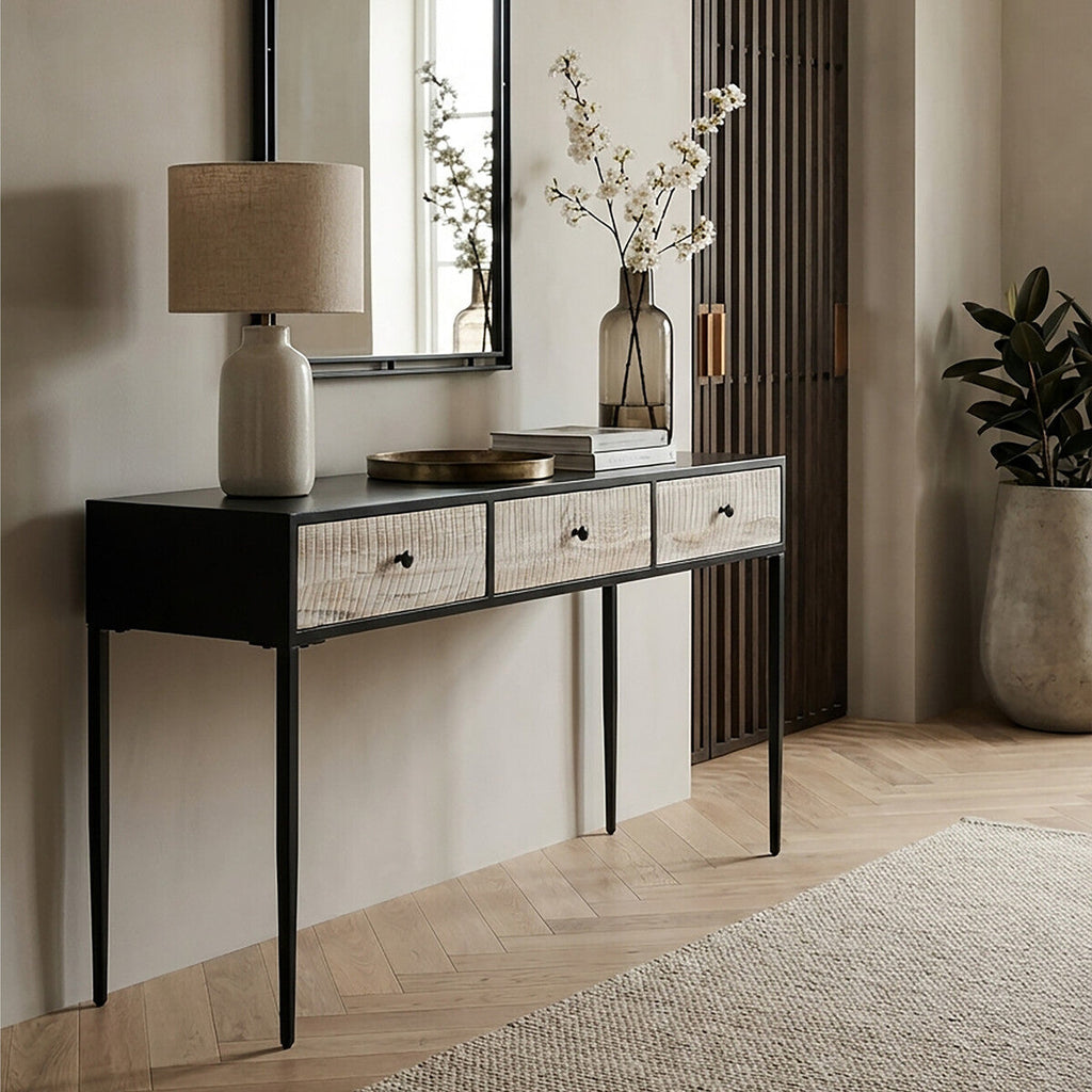 Orsina Luxor Pine Wood Console Table - 3 Drawer Textured Hallway Table