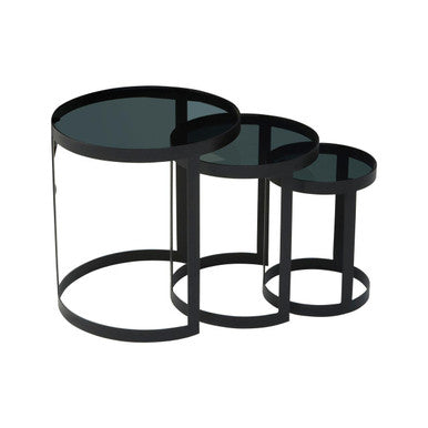 Orsina Corra Nesting Tables – Set of 3 Black Glass and Metal Tables