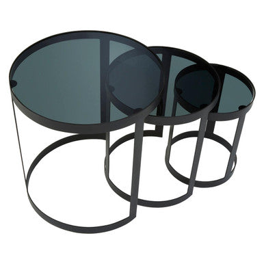 Orsina Corra Nesting Tables – Set of 3 Black Glass and Metal Tables