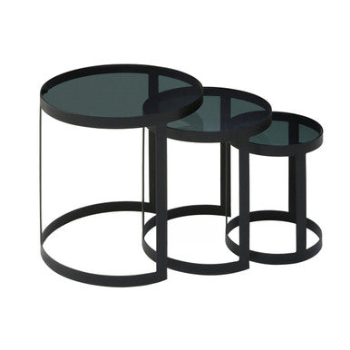 Orsina Corra Nesting Tables – Set of 3 Black Glass and Metal Tables