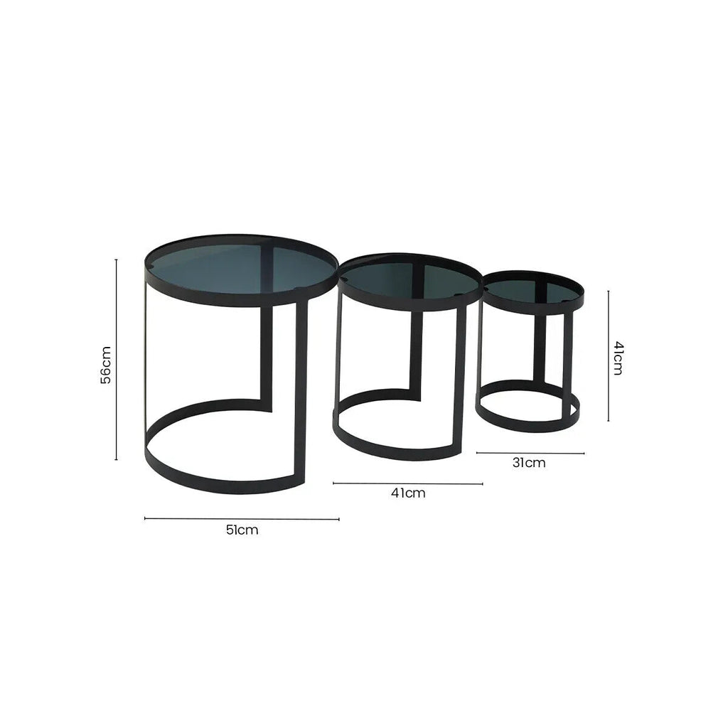 Orsina Corra Nesting Tables – Set of 3 Black Glass and Metal Tables