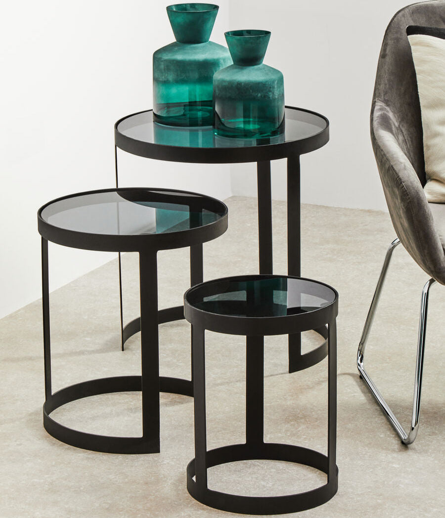 Orsina Corra Nesting Tables – Set of 3 Black Glass and Metal Tables