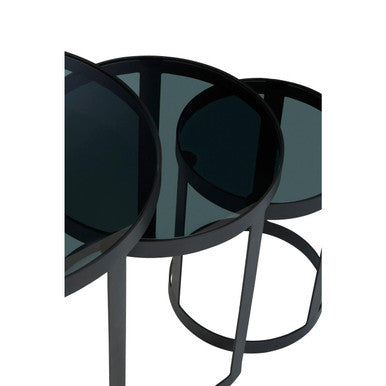 Orsina Corra Nesting Tables – Set of 3 Black Glass and Metal Tables