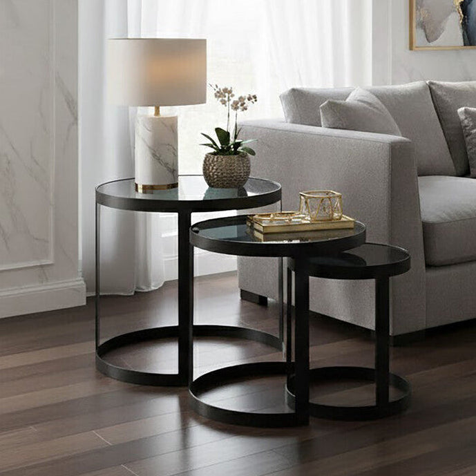 Orsina Corra Nesting Tables – Set of 3 Black Glass and Metal Tables
