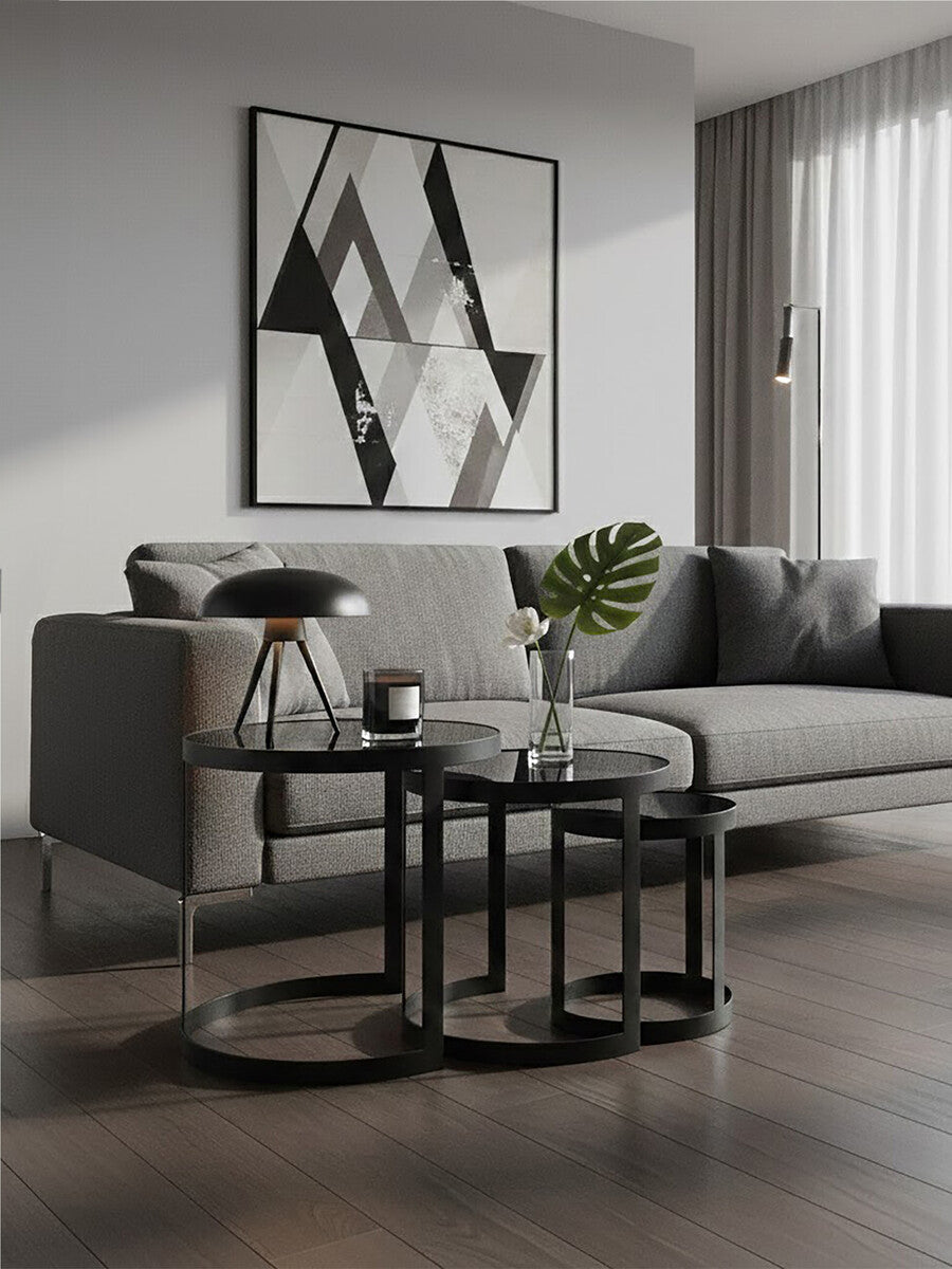 Orsina Corra Nesting Tables – Set of 3 Black Glass and Metal Tables
