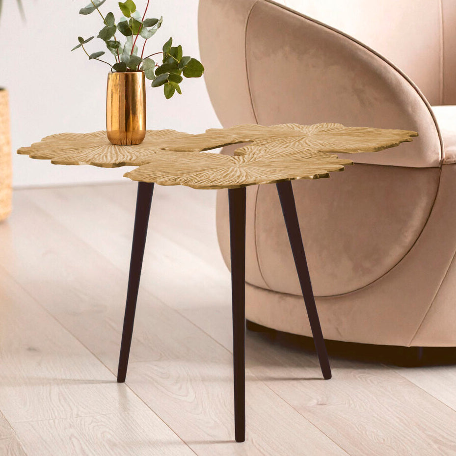 Orsina Prato Gold Gingko Leaf Aluminium Side Table with Black Legs