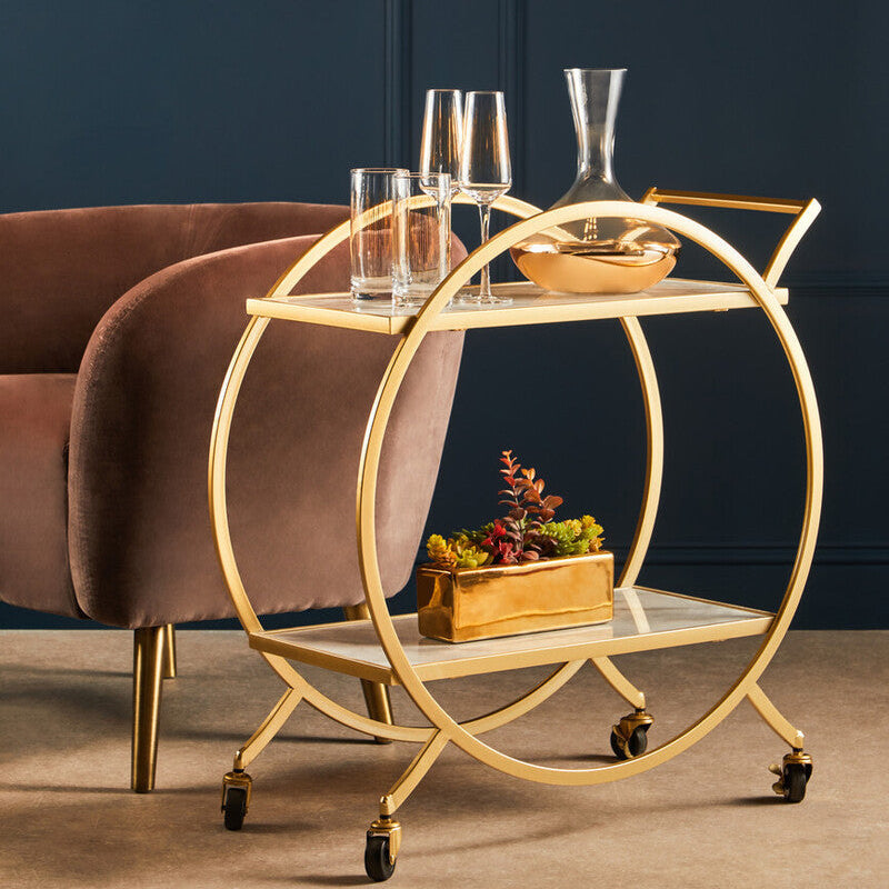Orsina Avantis Gold Bar Cart – White Marble 2-Tier Drinks Trolley