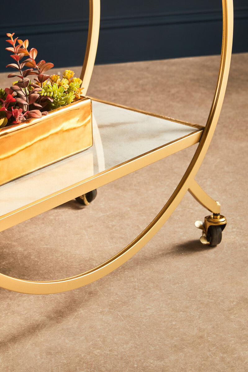 Orsina Avantis Gold Bar Cart – White Marble 2-Tier Drinks Trolley