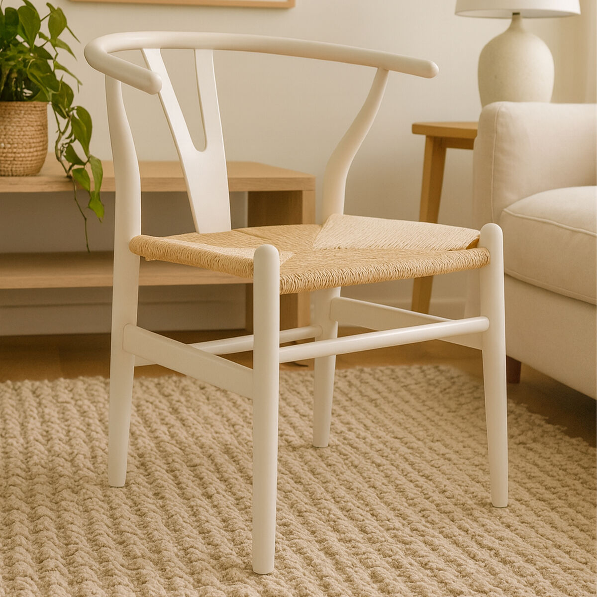Orsina Lyon Wishbone Dining Chair – Antique White Beechwood & Paper Cord