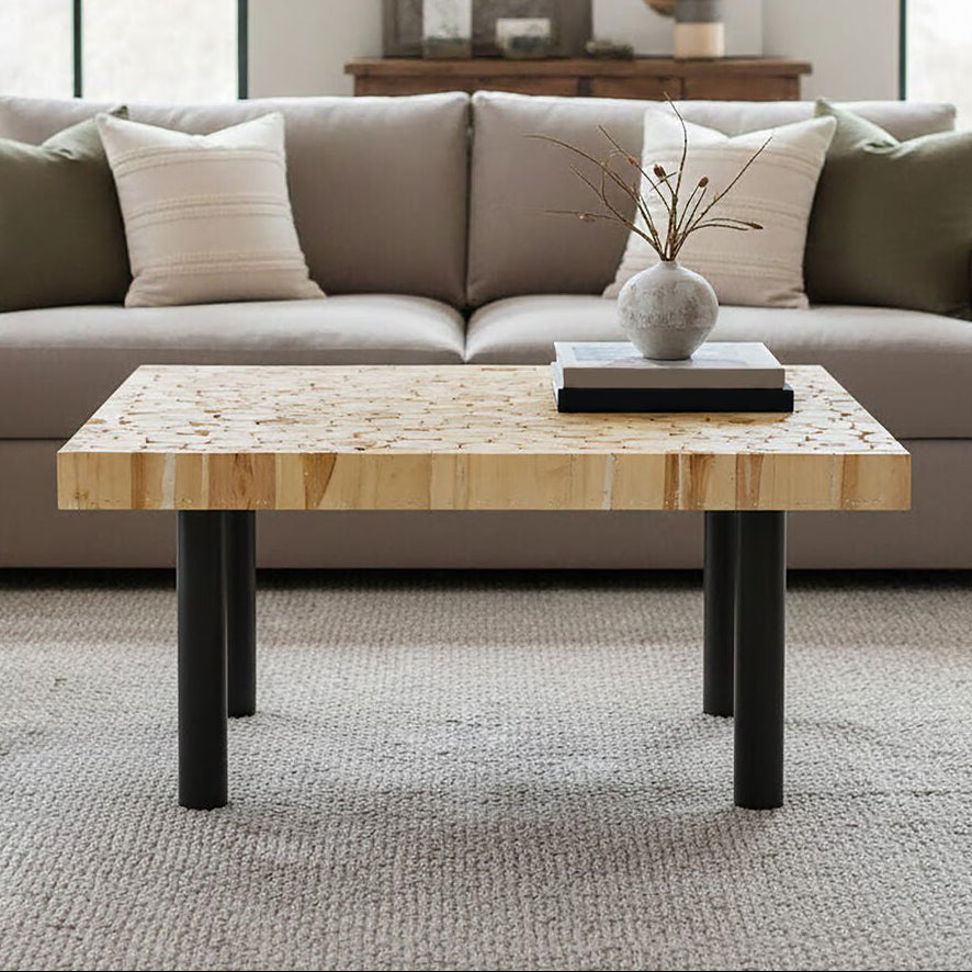 Orsina Malang Teak Wood Mosaic Coffee Table with Black Metal Legs