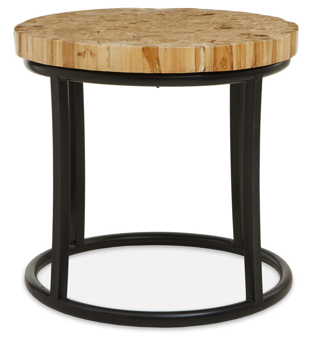 Orsina Malang Round Teak Wood Mosaic Coffee Table with Black Iron Frame