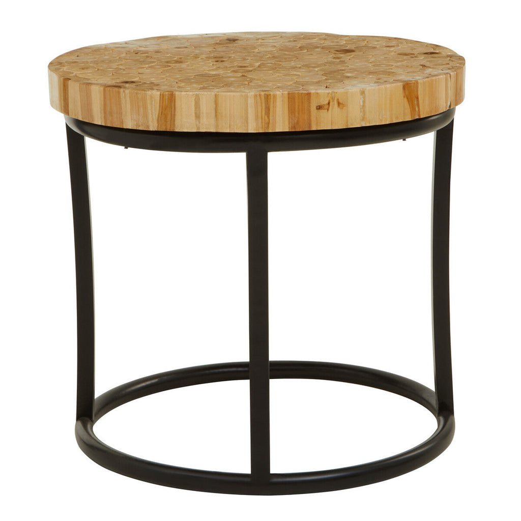 Orsina Malang Round Teak Wood Mosaic Coffee Table with Black Iron Frame