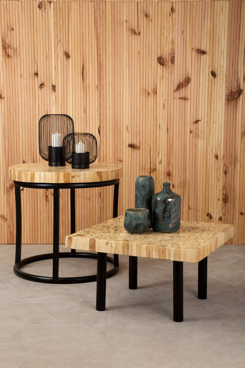 Orsina Malang Round Teak Wood Mosaic Coffee Table with Black Iron Frame