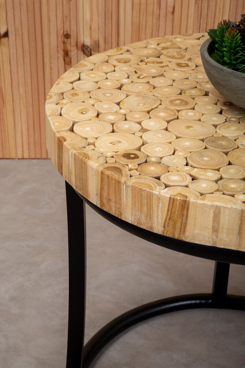 Orsina Malang Round Teak Wood Mosaic Coffee Table with Black Iron Frame