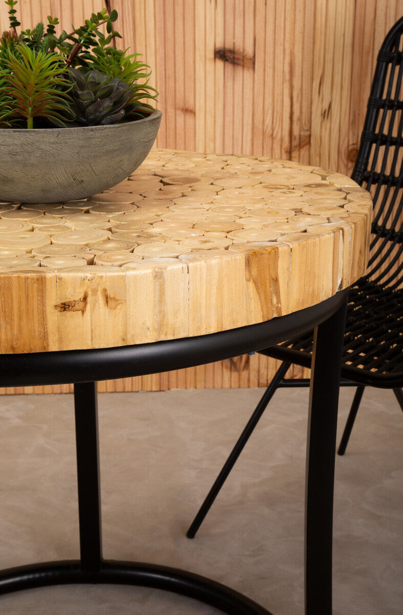 Orsina Malang Round Teak Wood Mosaic Coffee Table with Black Iron Frame
