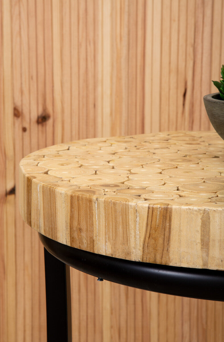 Orsina Malang Round Teak Wood Mosaic Coffee Table with Black Iron Frame