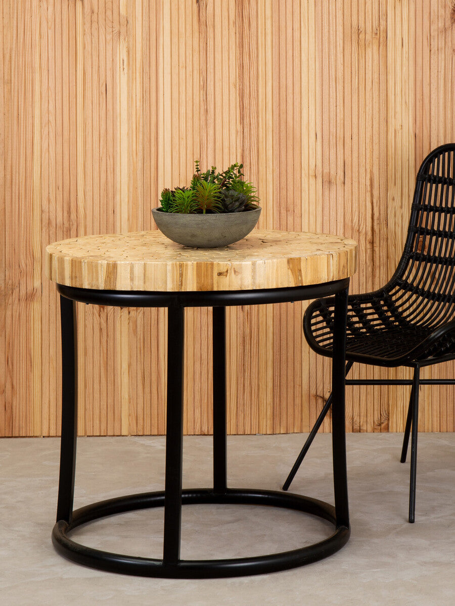 Orsina Malang Round Teak Wood Mosaic Coffee Table with Black Iron Frame