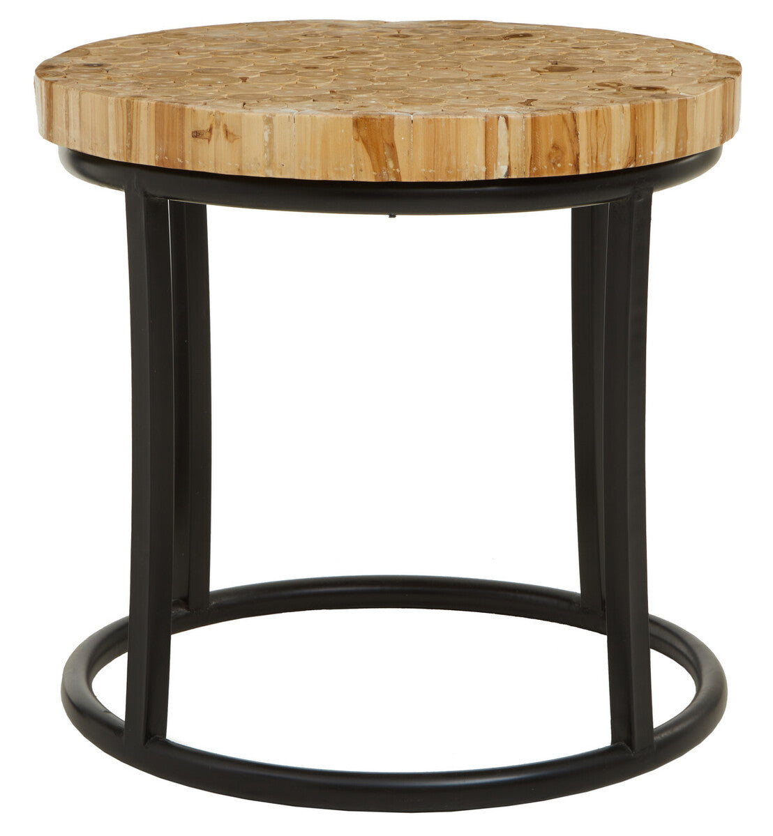 Orsina Malang Round Teak Wood Mosaic Coffee Table with Black Iron Frame