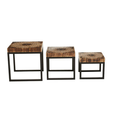 Orsina Malang Nesting Tables – Set of 3 Rustic Teak and Black Metal
