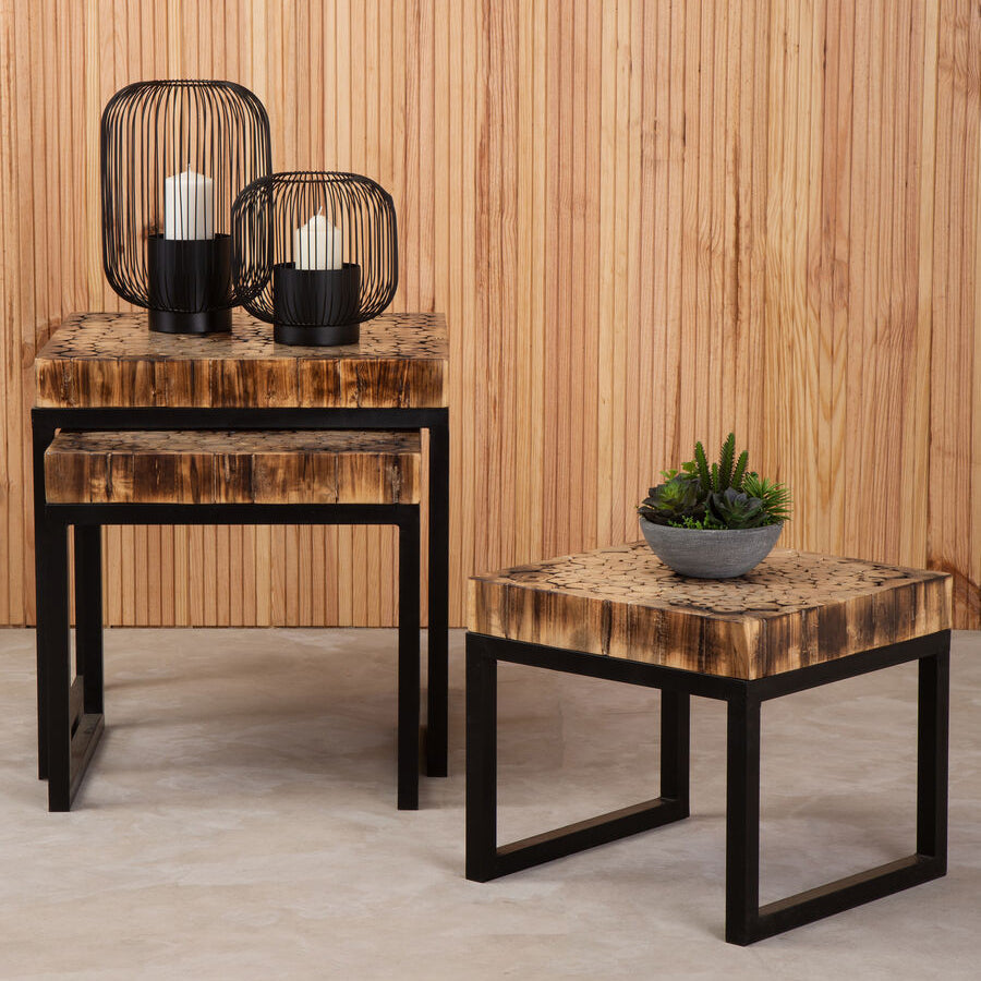 Orsina Malang Nesting Tables – Set of 3 Rustic Teak and Black Metal