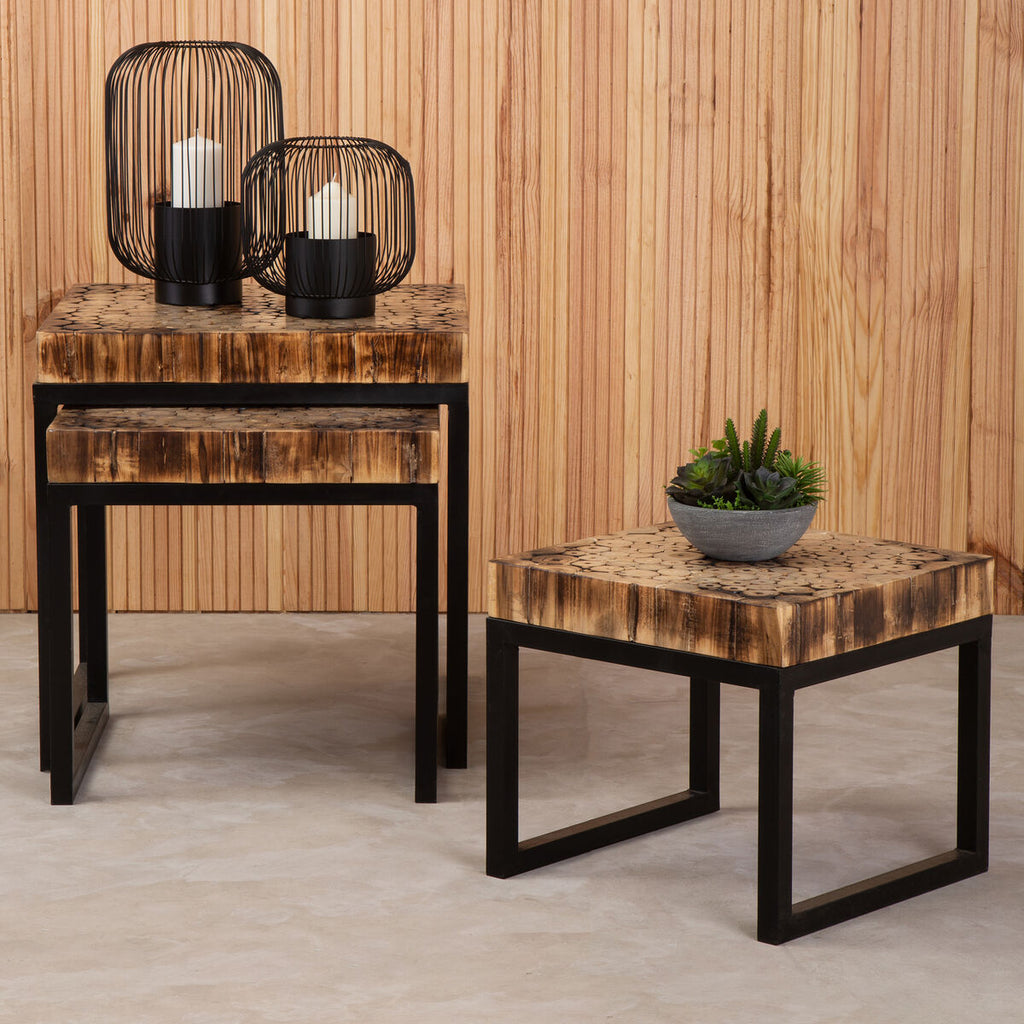 Orsina Malang Nesting Tables – Set of 3 Rustic Teak and Black Metal