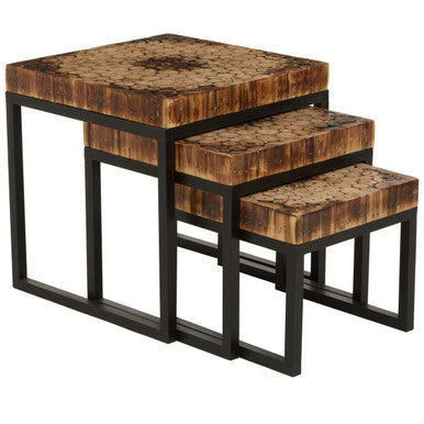 Orsina Malang Nesting Tables – Set of 3 Rustic Teak and Black Metal