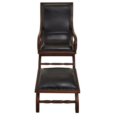 Orsina Inca Black Leather & Teak Lounge Chair with Footstool