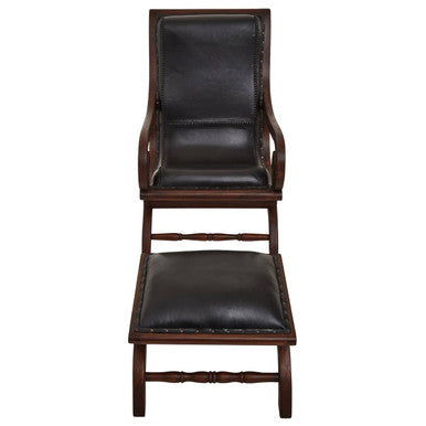 Orsina Inca Black Leather & Teak Lounge Chair with Footstool
