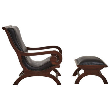 Orsina Inca Black Leather & Teak Lounge Chair with Footstool
