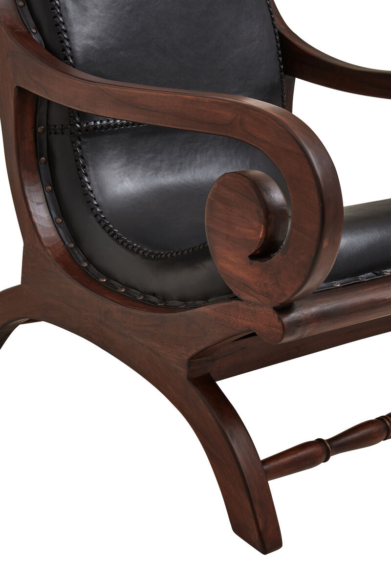Orsina Inca Black Leather & Teak Lounge Chair with Footstool