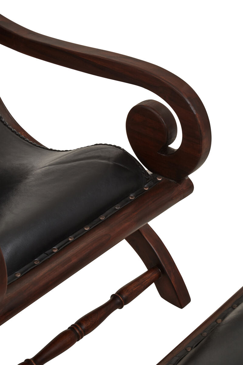 Orsina Inca Black Leather & Teak Lounge Chair with Footstool