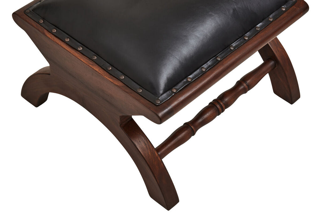 Orsina Inca Black Leather & Teak Lounge Chair with Footstool