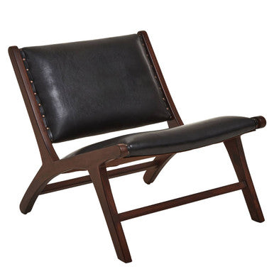 Orsina Inca Black Cowhide Leather & Teak Wood Armless Lounge Chair