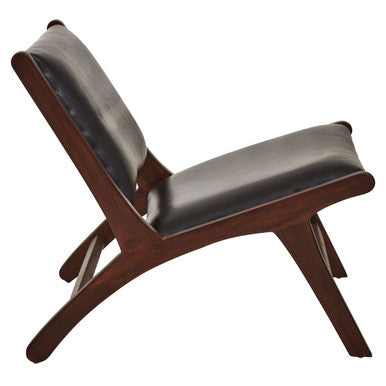 Orsina Inca Black Cowhide Leather & Teak Wood Armless Lounge Chair