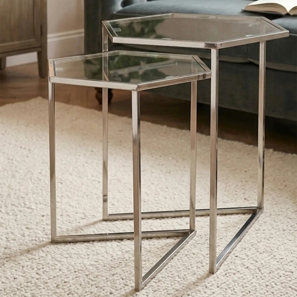Orsina Herber Silver Geometric Nesting Side Tables with Mirrored Glass