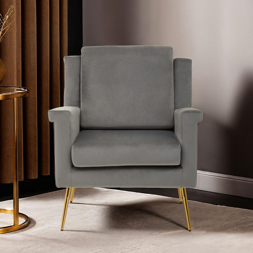 Orsina Salma Grey Velvet Armchair – Modern Accent Chair with Gold Legs