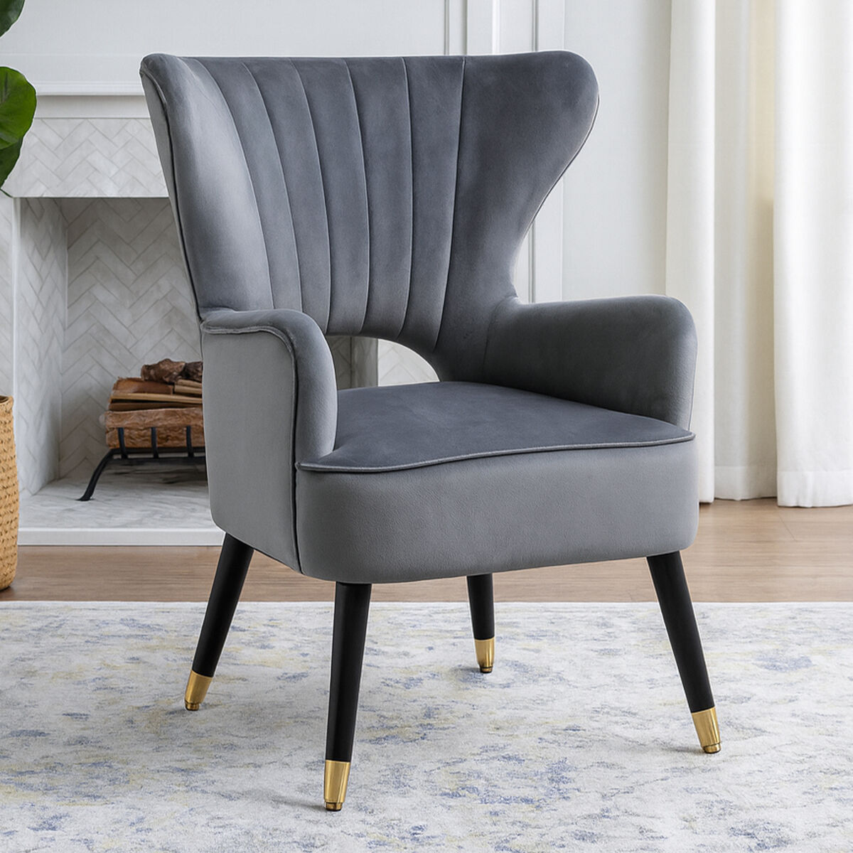 Orsina Sloan Grey Velvet Wingback Armchair – Modern Accent Chair