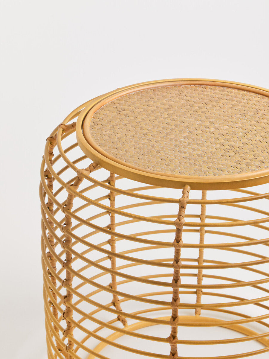 Orsina Trento Round Rattan Side Table – Gold Cage Base End Table