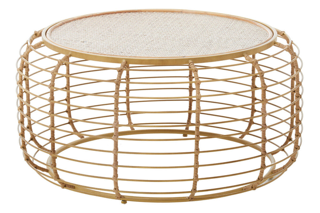 Orsina Trento Round Rattan Coffee Table – Gold Cage Base, Natural Woven