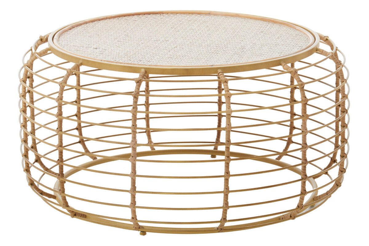 Orsina Trento Round Rattan Coffee Table – Gold Cage Base, Natural Woven