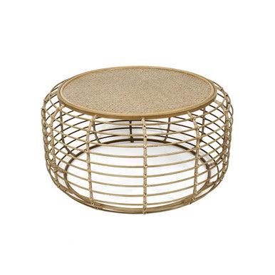 Orsina Trento Round Rattan Coffee Table – Gold Cage Base, Natural Woven